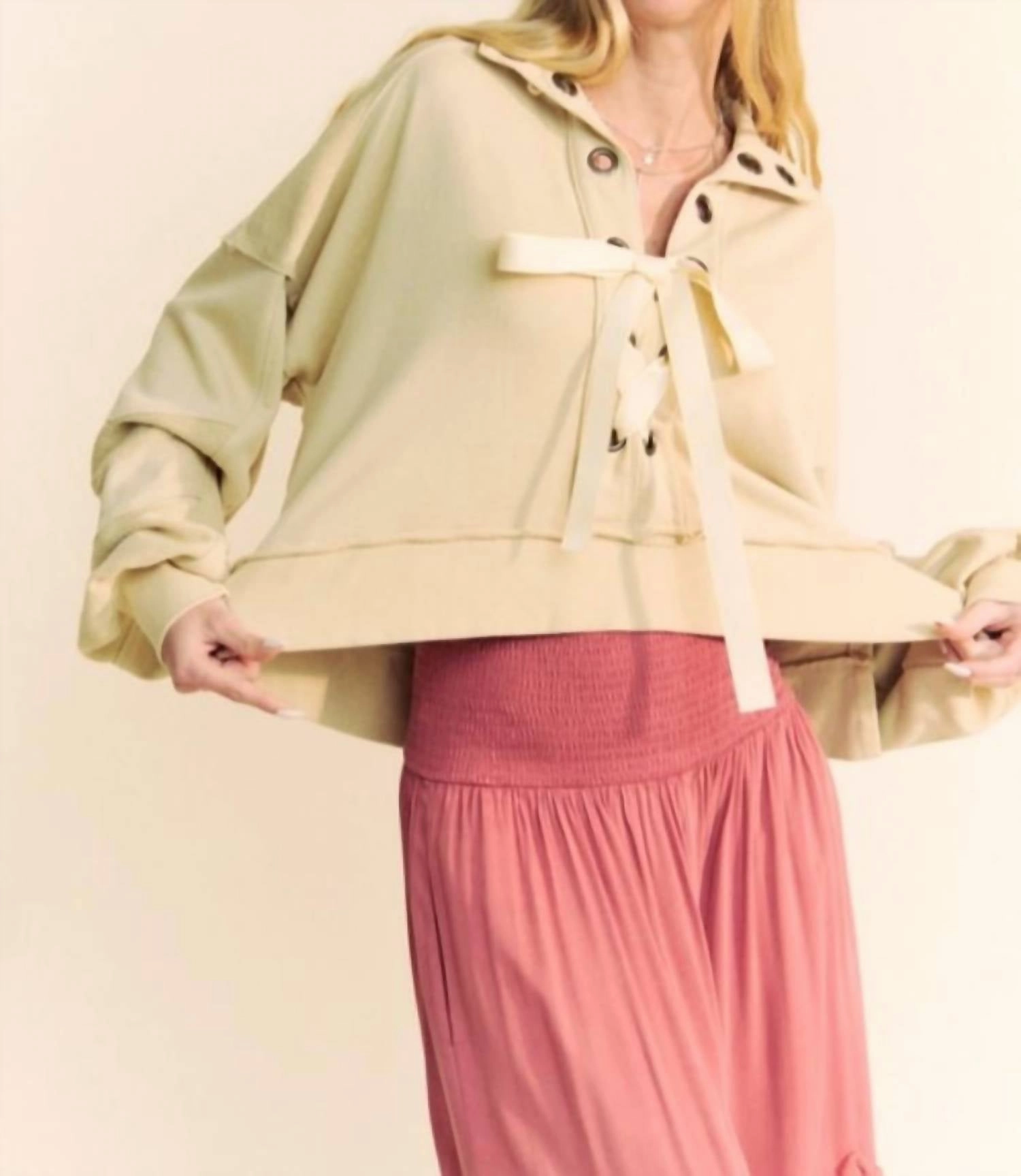 Eyelet Lace Up Top In Natural