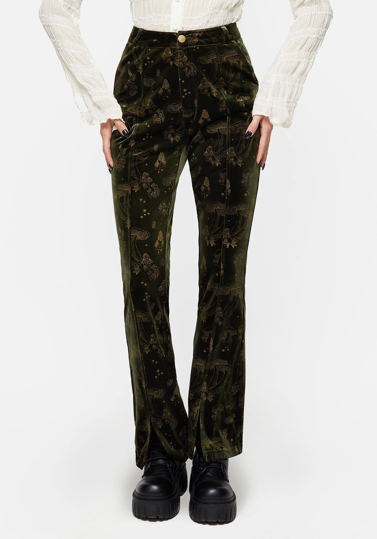 Faefire Foil Print Velour Split Slim Flare Trousers - Green Bottoms Womens - women's jeans sale
