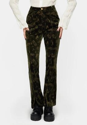 Faefire Foil Print Velour Split Slim Flare Trousers - Green Bottoms Womens - women's jeans sale