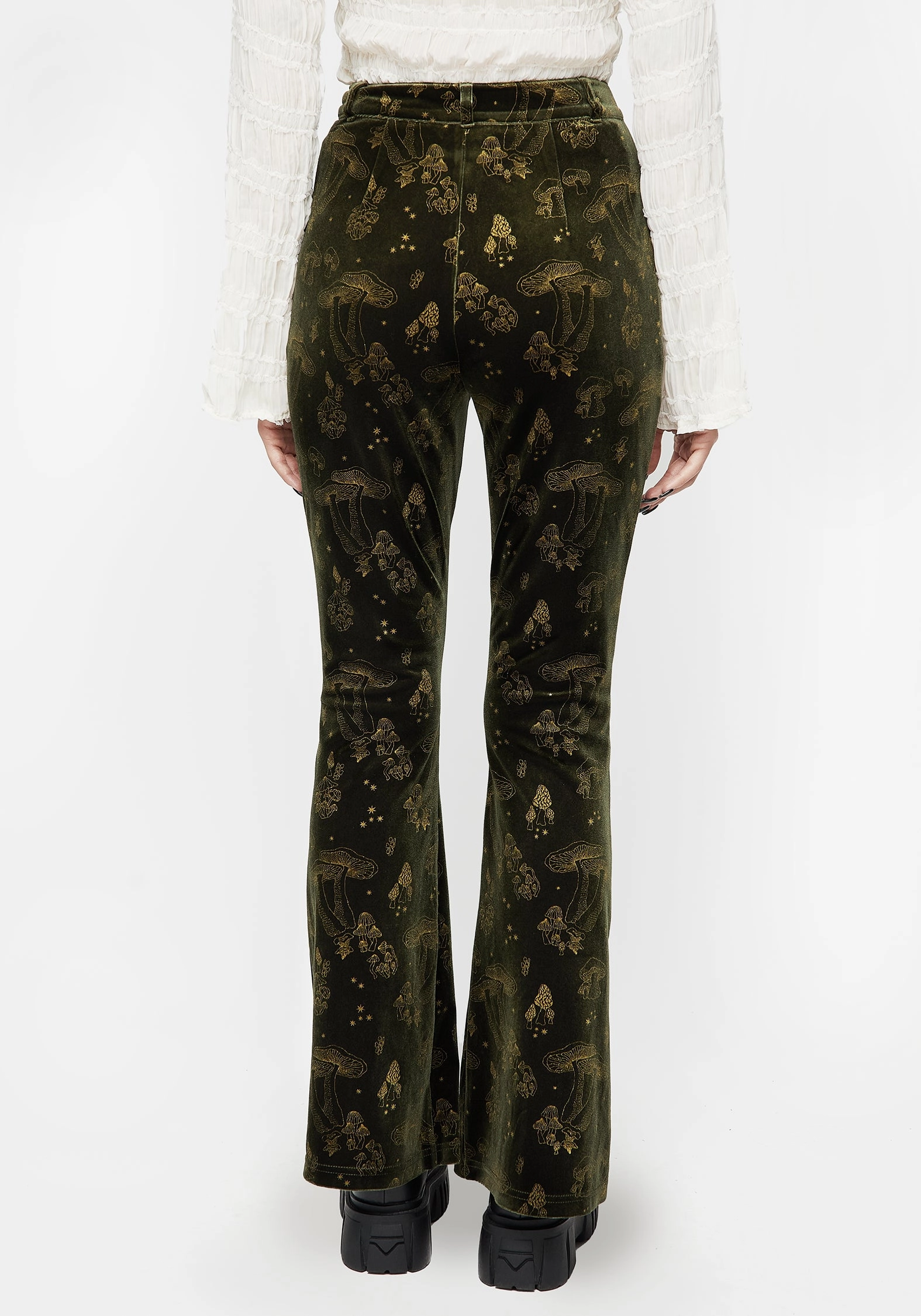 Faefire Foil Print Velour Split Slim Flare Trousers - Green