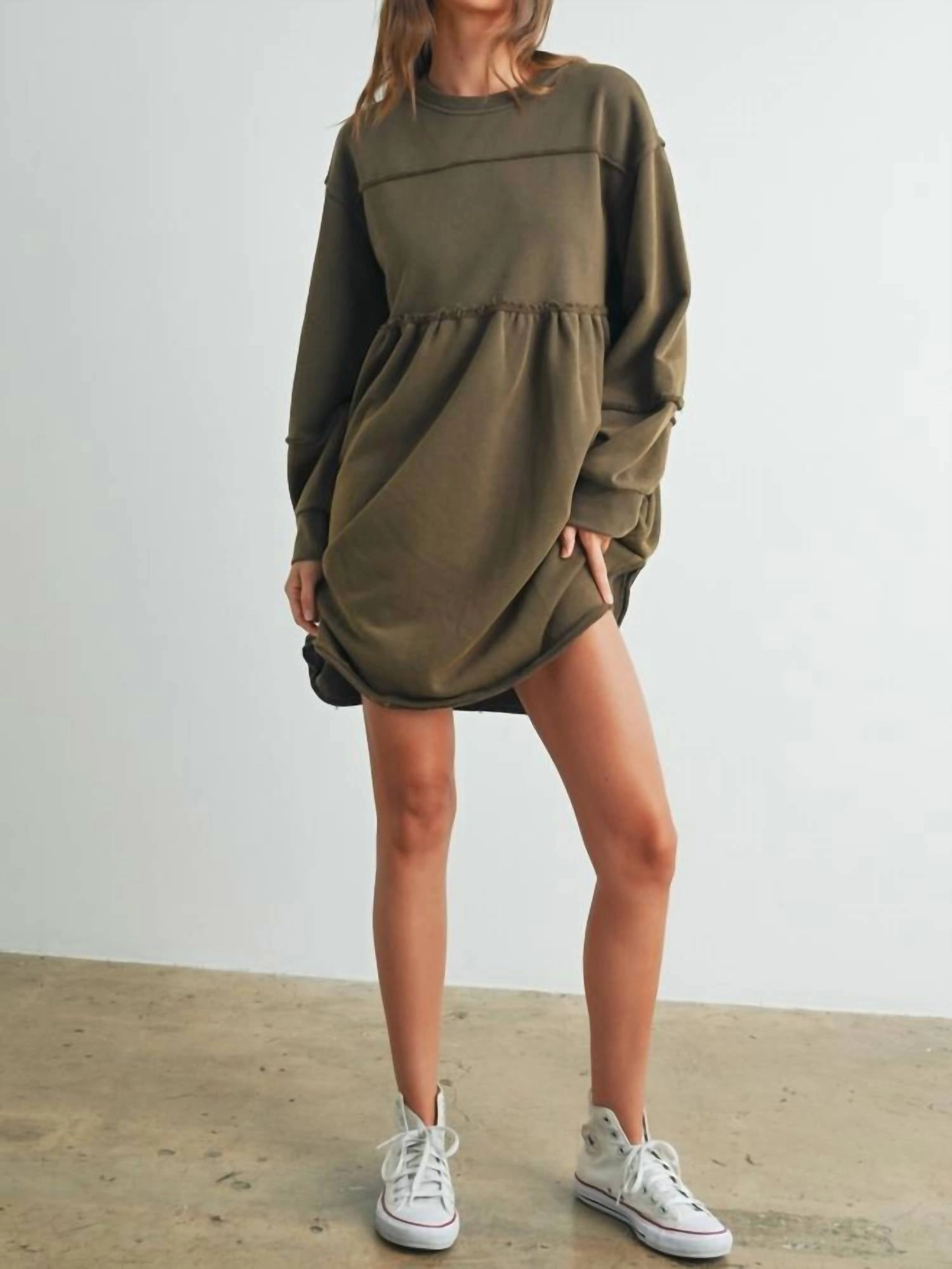 Fall Full Sleeve Winter Mini Dress In Olive
