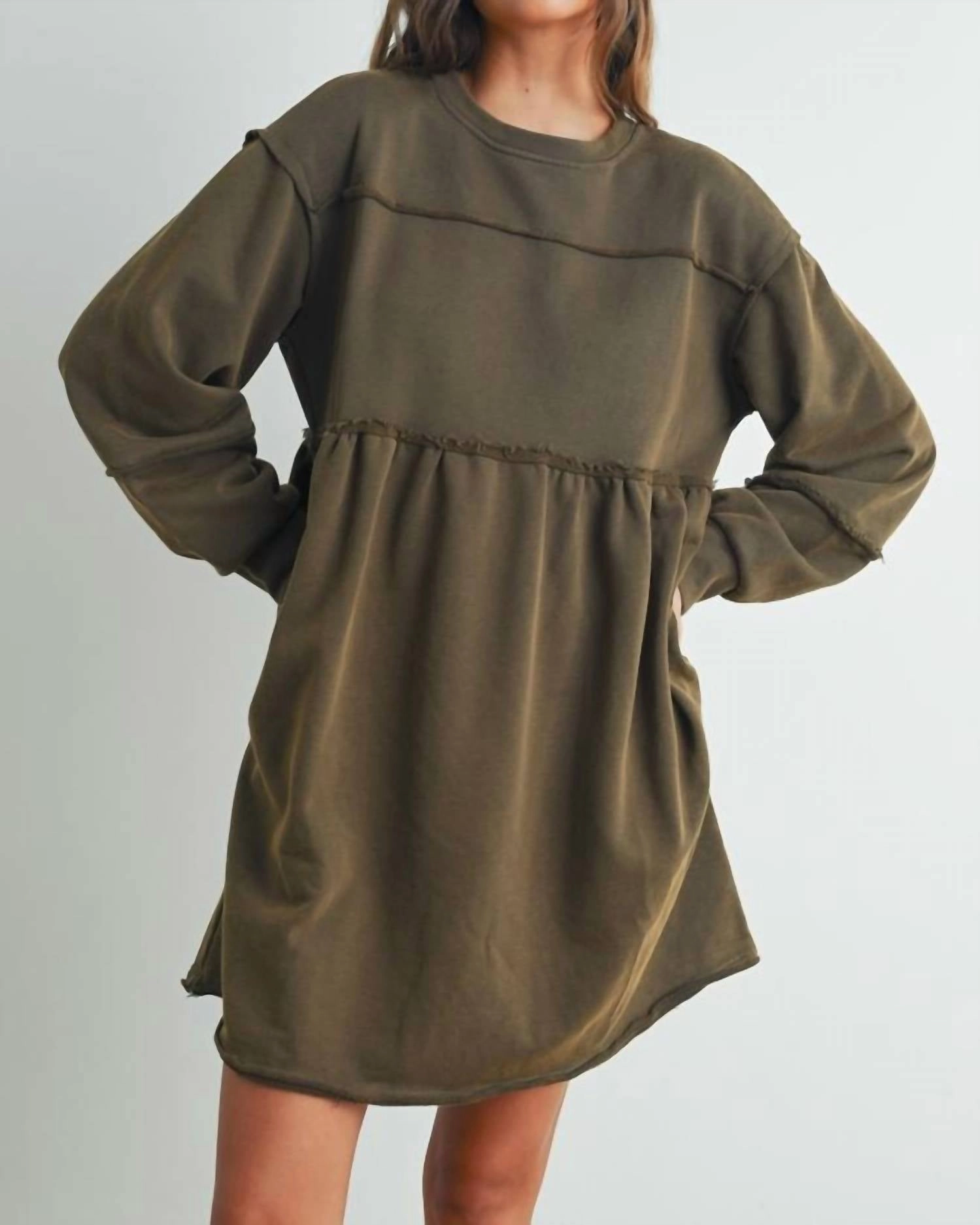 Fall Full Sleeve Winter Mini Dress In Olive
