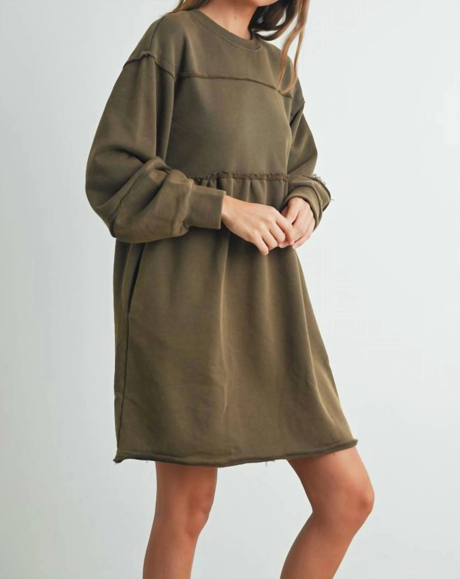 Fall Full Sleeve Winter Mini Dress In Olive