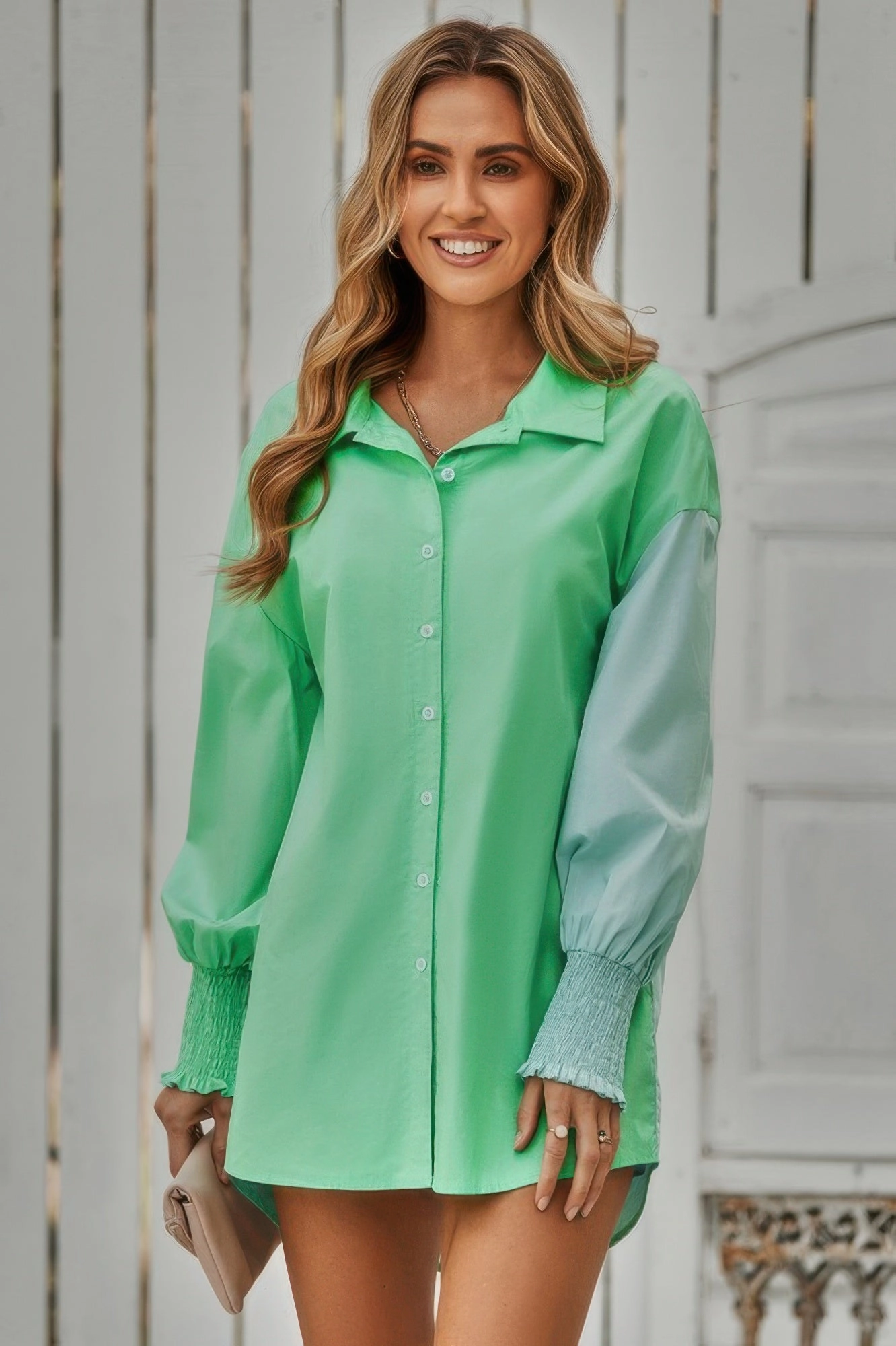 FASHNZFAB Color Block Button Down Cuffed Sleeves Blouse