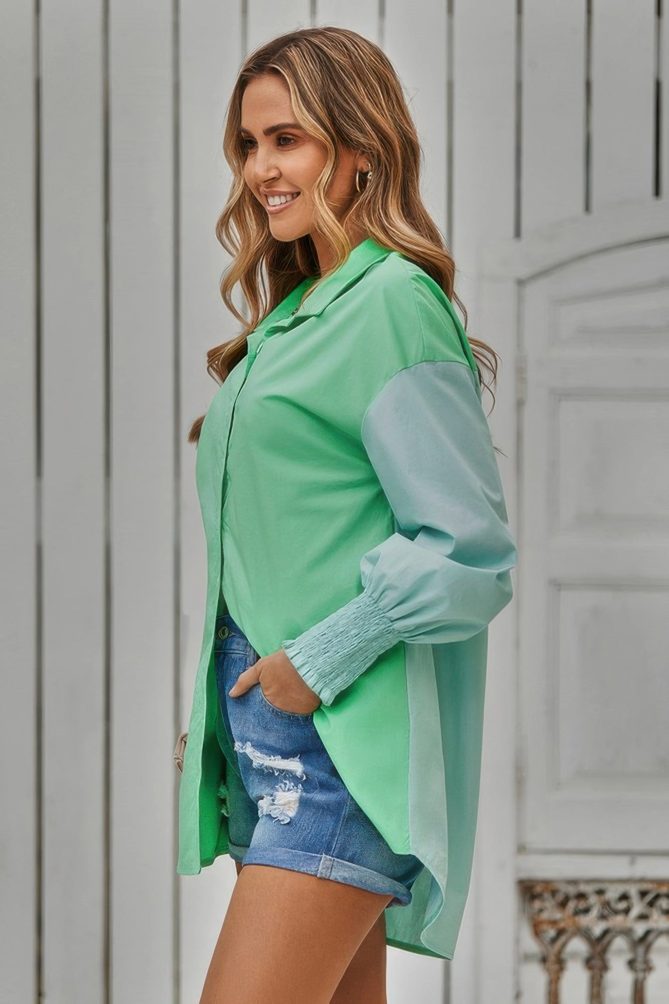 FASHNZFAB Color Block Button Down Cuffed Sleeves Blouse