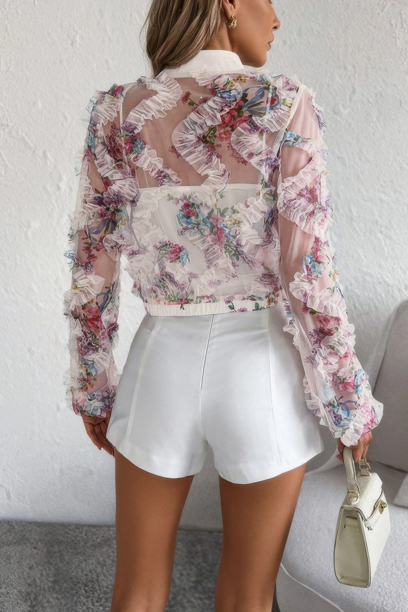 FASHNZFAB Floral Print Lace Ruffle Open Front Button Shirt