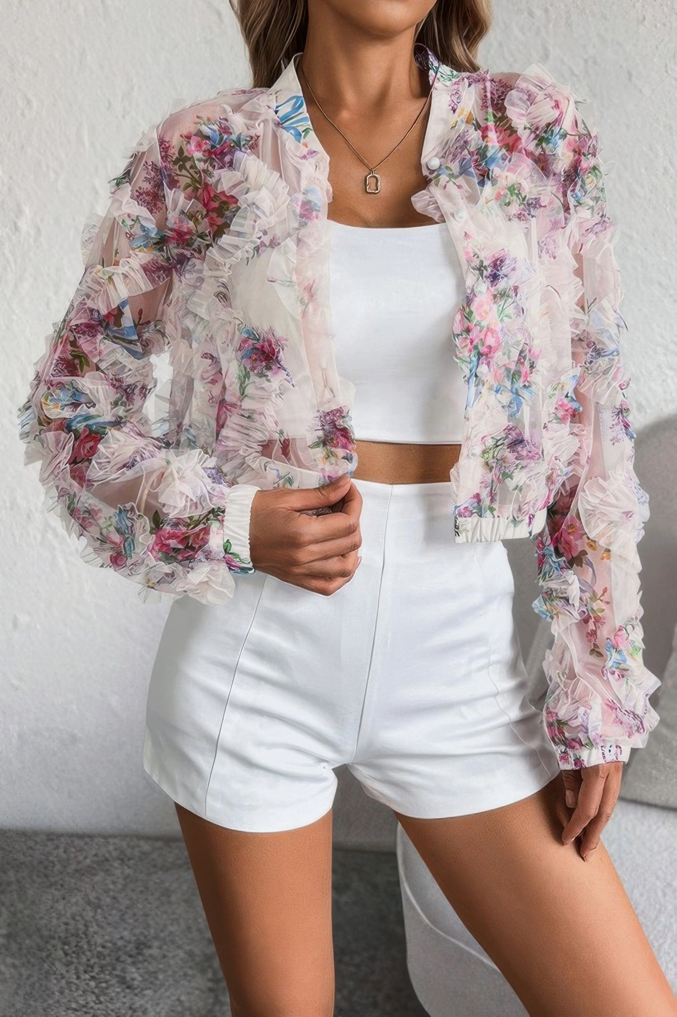 FASHNZFAB Floral Print Lace Ruffle Open Front Button Shirt
