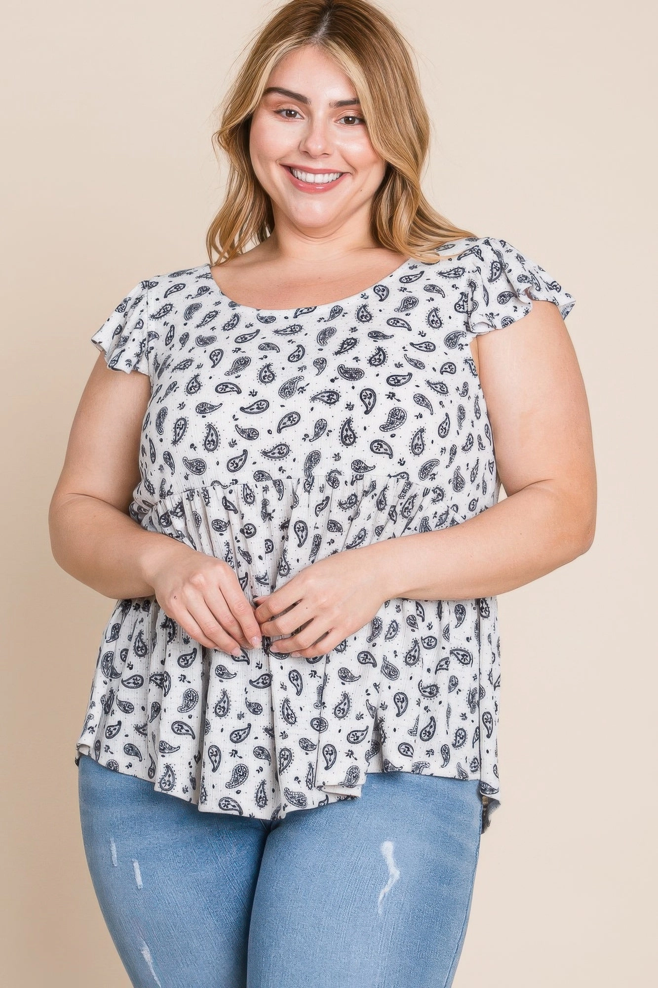 FASHNZFAB Plus Size Paisley Flutter Sleeves Top