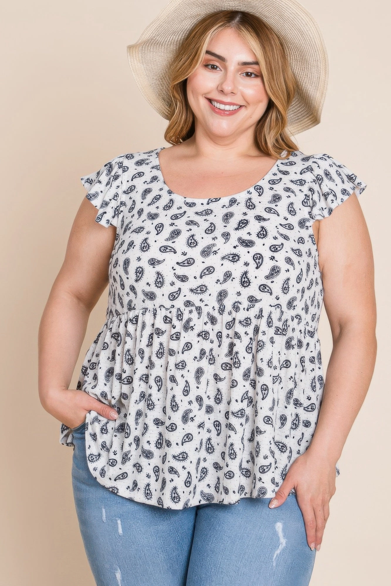 FASHNZFAB Plus Size Paisley Flutter Sleeves Top