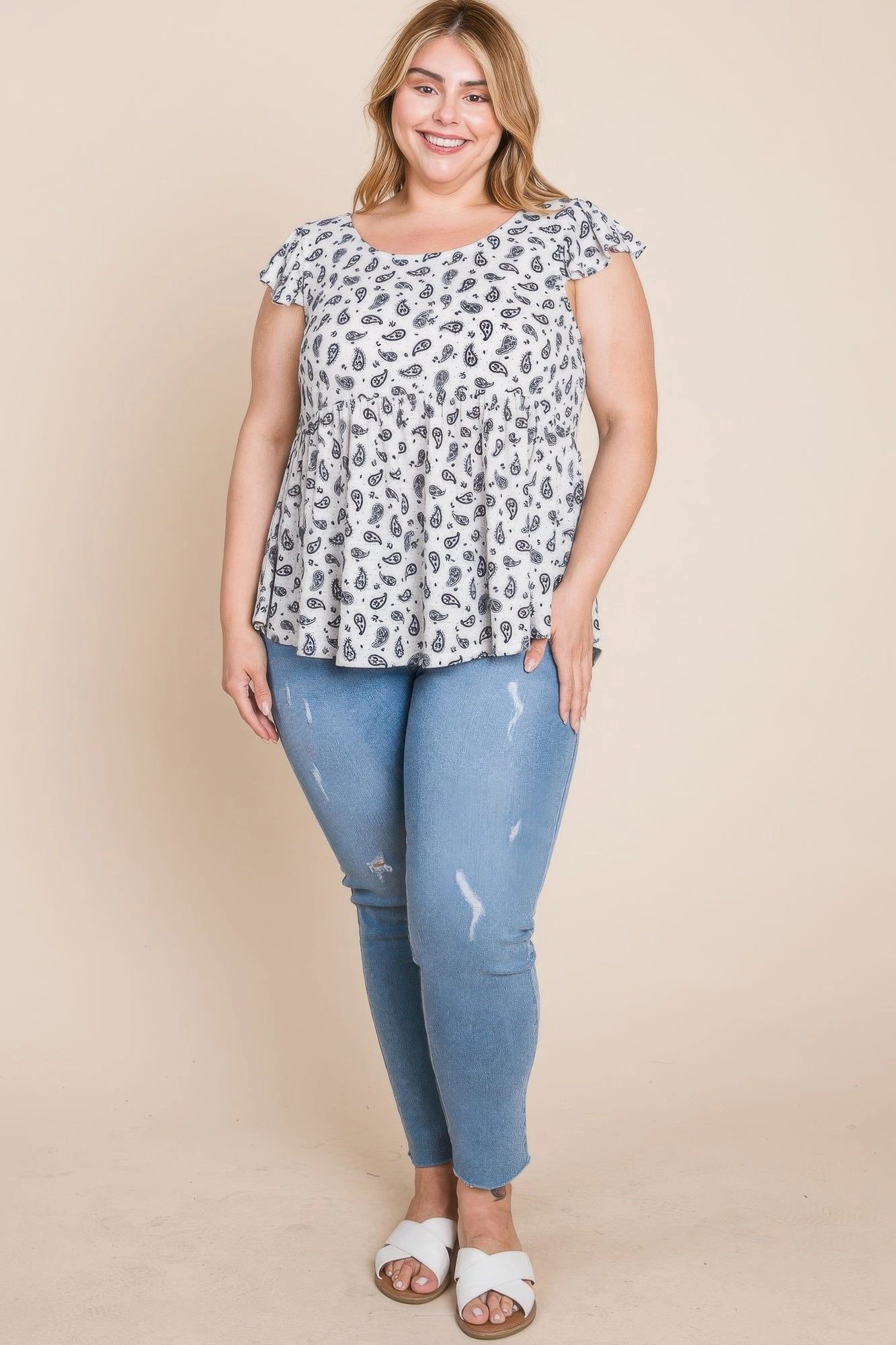 FASHNZFAB Plus Size Paisley Flutter Sleeves Top