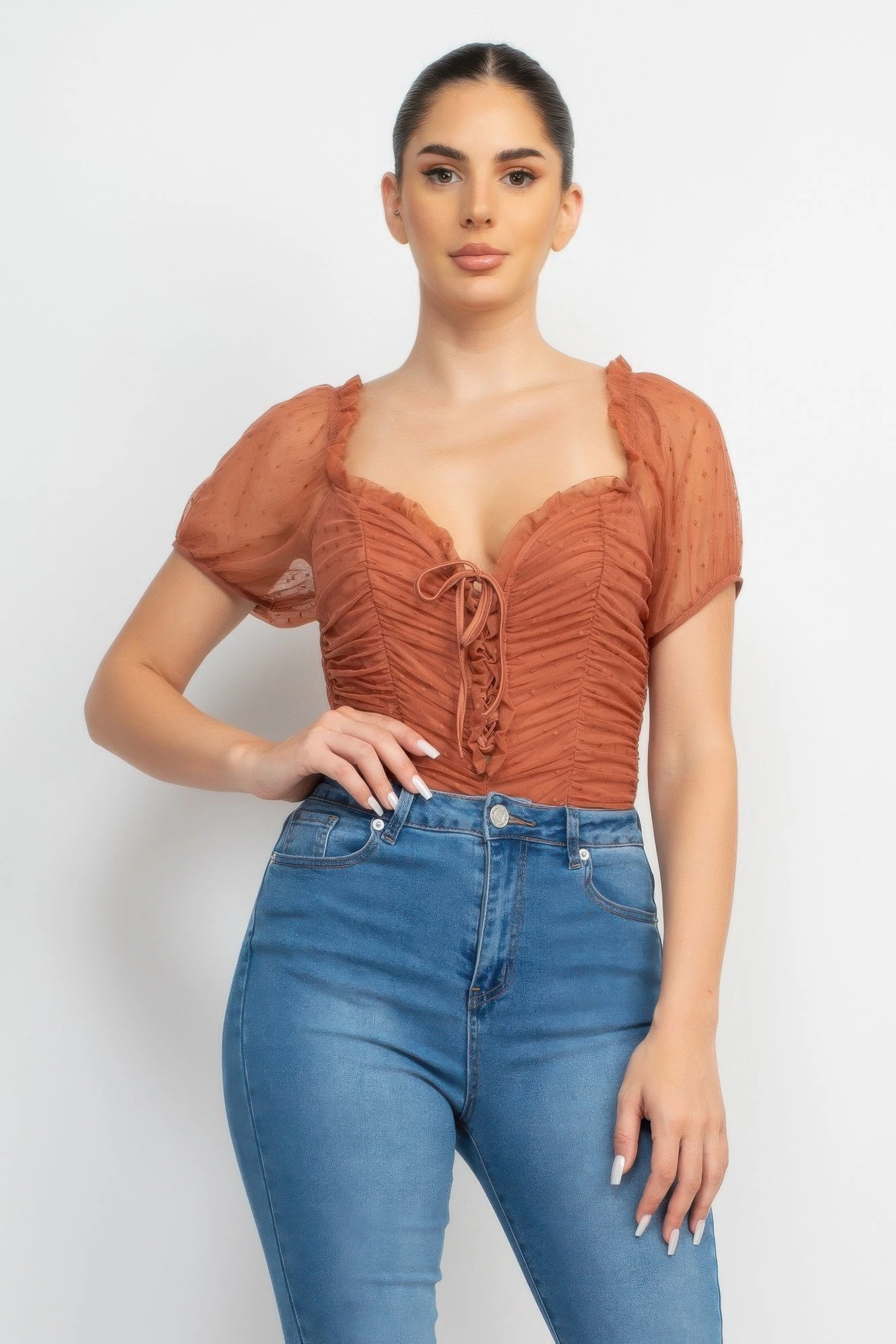 FASHNZFAB Shirred Mesh Sleeve Bodysuit