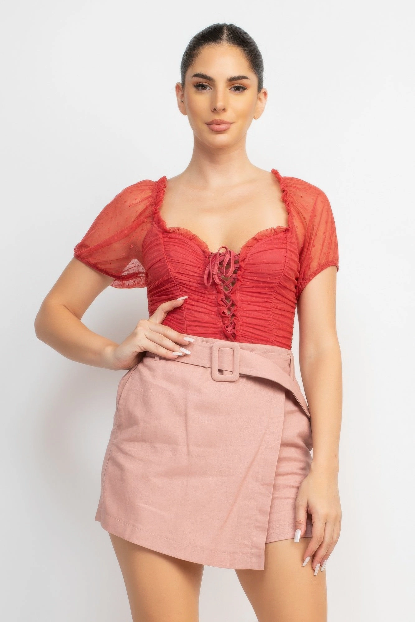 FASHNZFAB Shirred Mesh Sleeve Bodysuit
