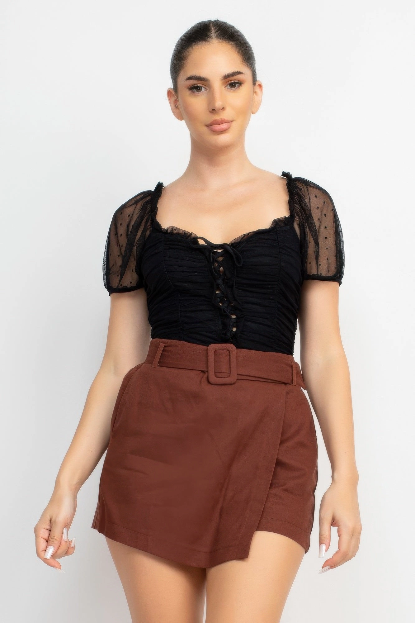 FASHNZFAB Shirred Mesh Sleeve Bodysuit