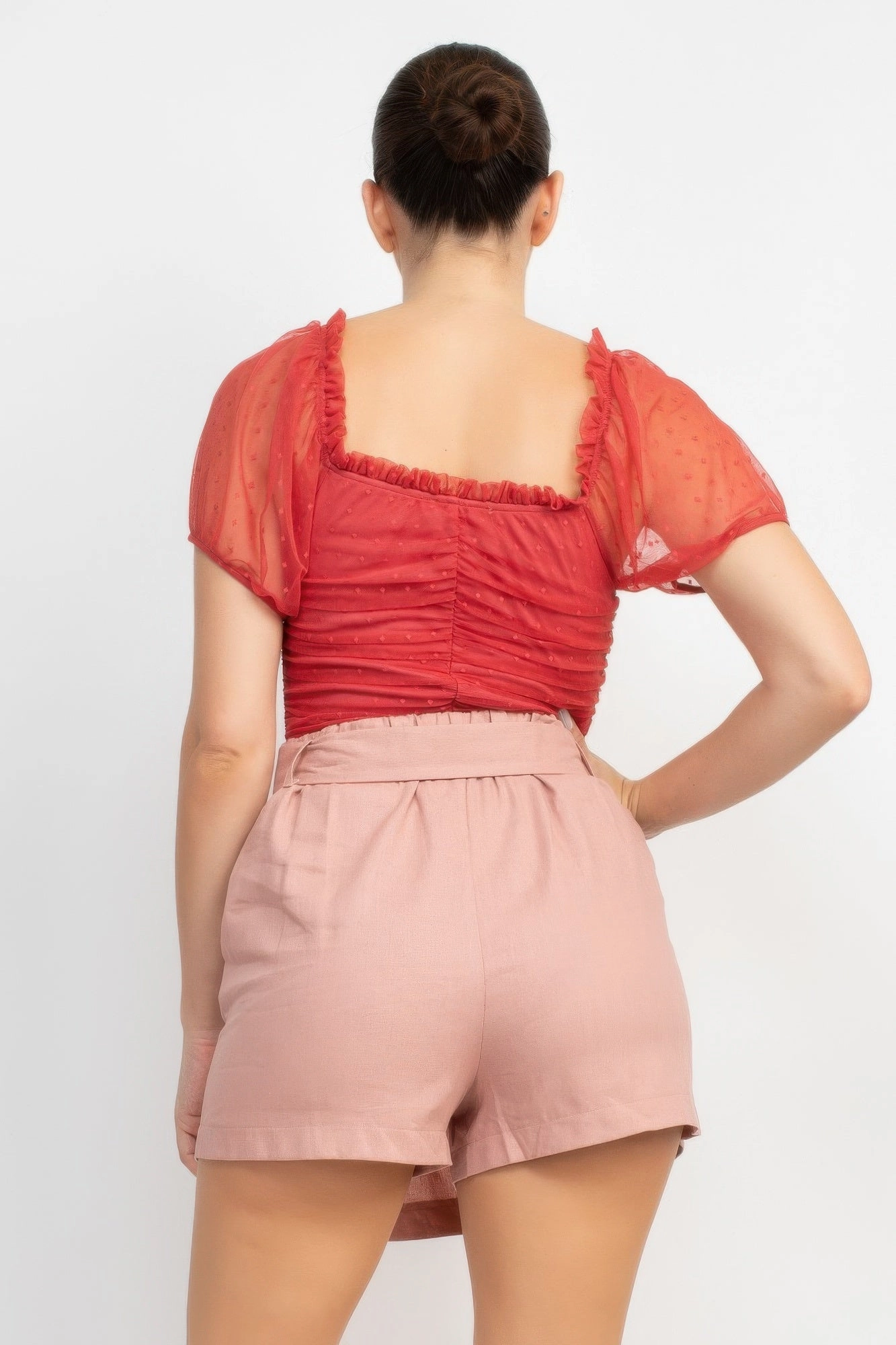 FASHNZFAB Shirred Mesh Sleeve Bodysuit
