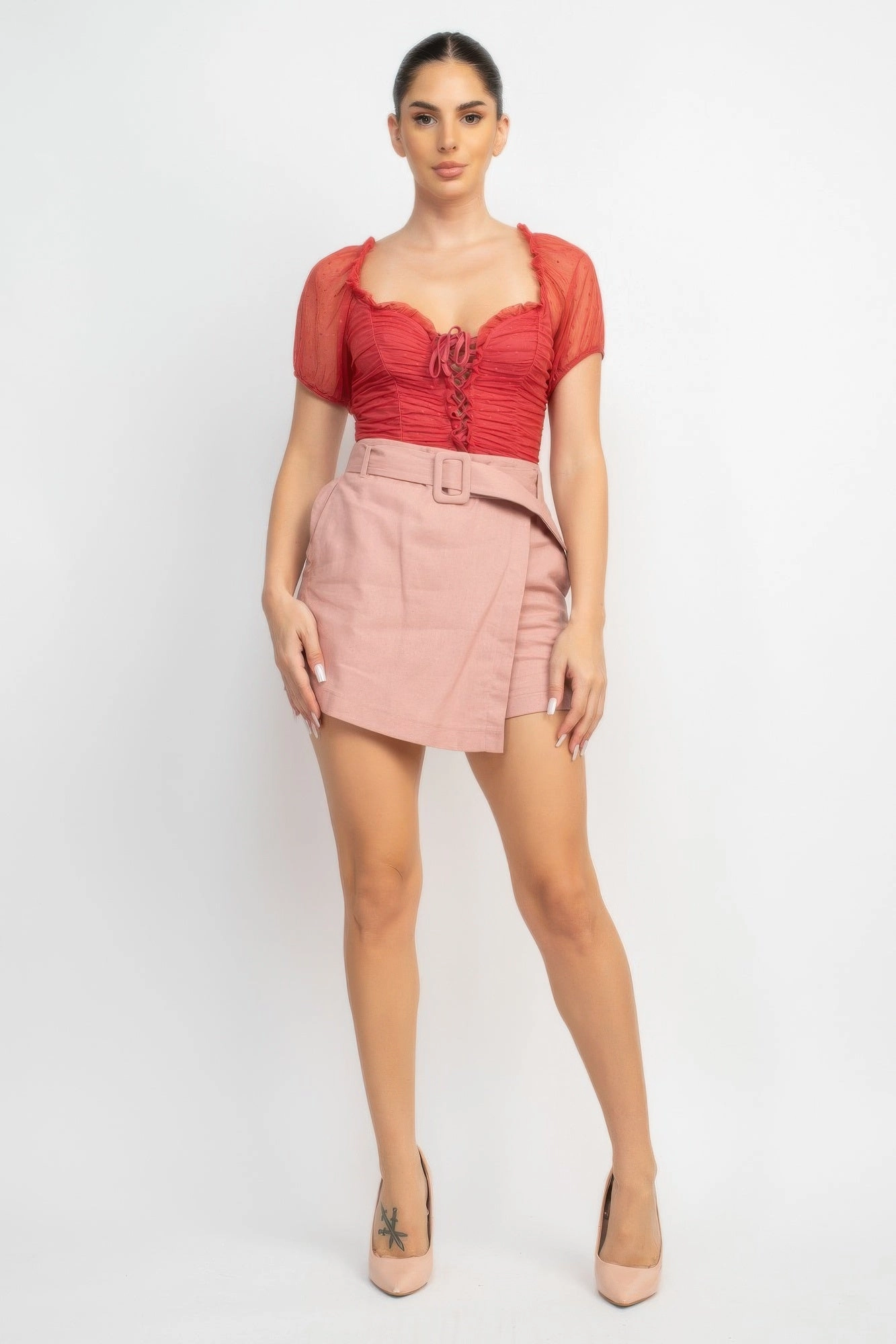FASHNZFAB Shirred Mesh Sleeve Bodysuit