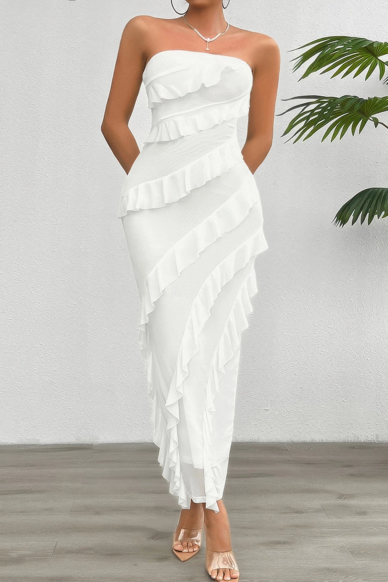 FASHNZFAB Solid Off Shoulder Ruffle Sleeveless Maxi Dress