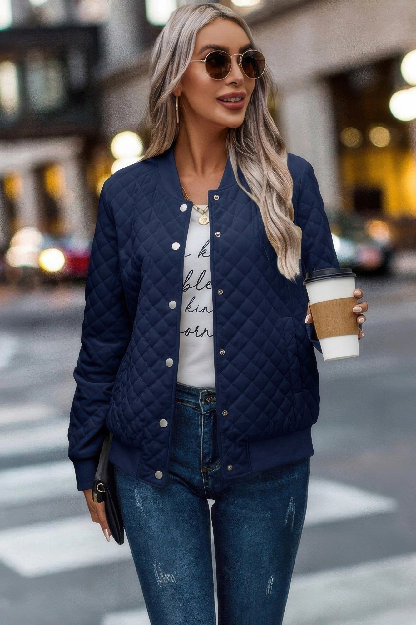 FASHNZFAB Solid Plaid Stitch Pockets Bomber Jacket