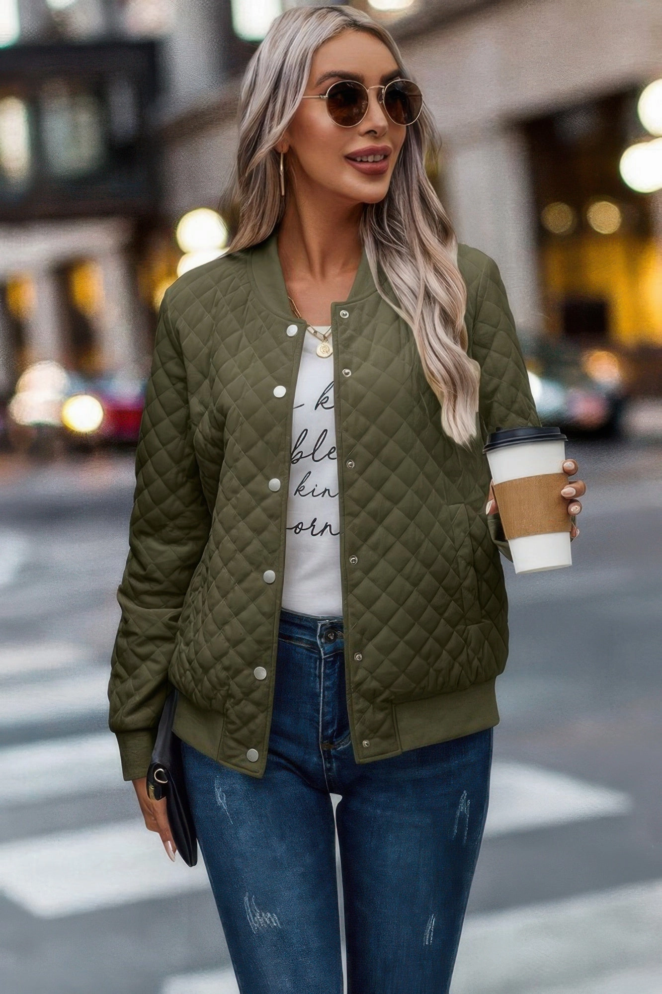 FASHNZFAB Solid Plaid Stitch Pockets Bomber Jacket