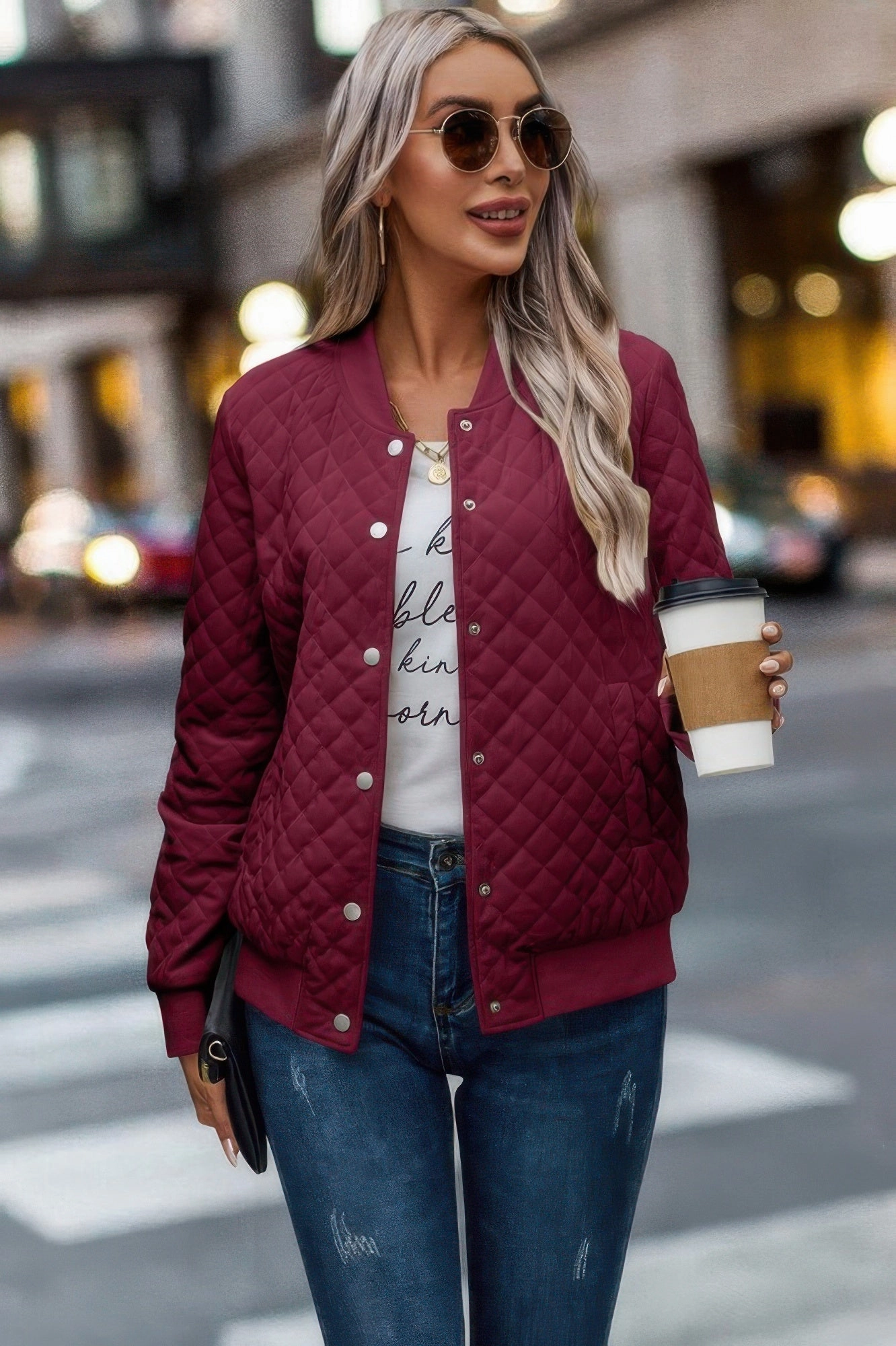 FASHNZFAB Solid Plaid Stitch Pockets Bomber Jacket
