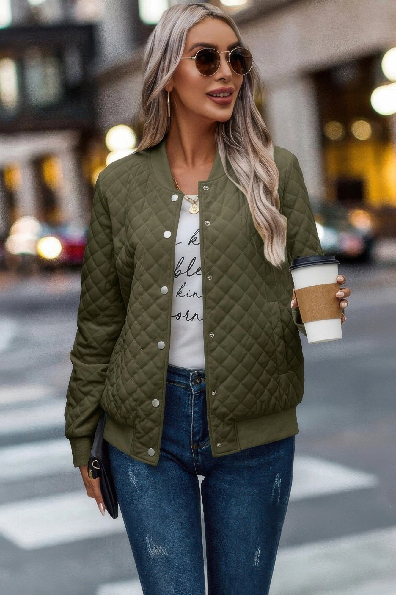FASHNZFAB Solid Plaid Stitch Pockets Bomber Jacket