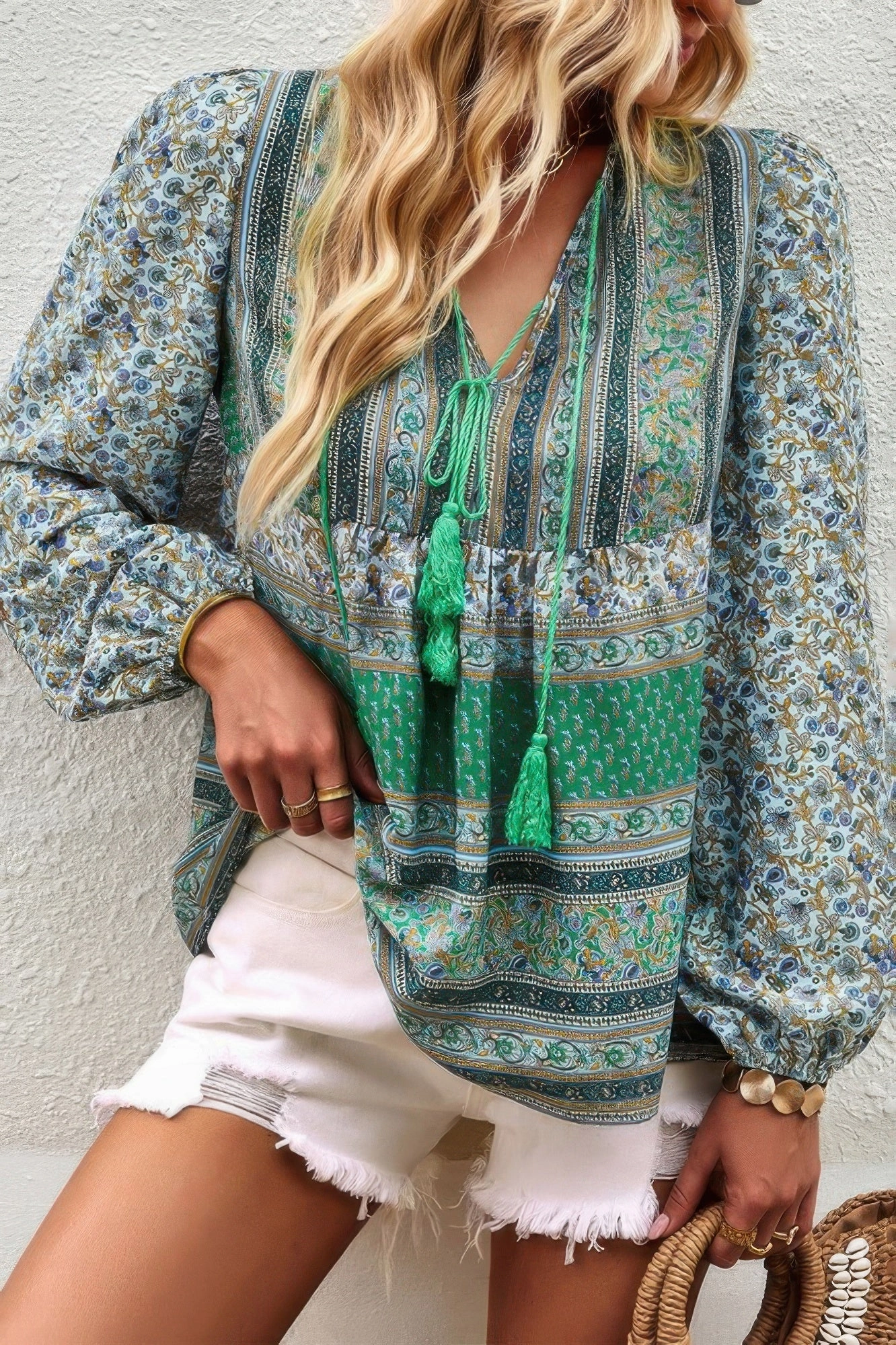 FASHNZFAB Tie Neck Boho Floral Tunics Long Sleeve Shirt