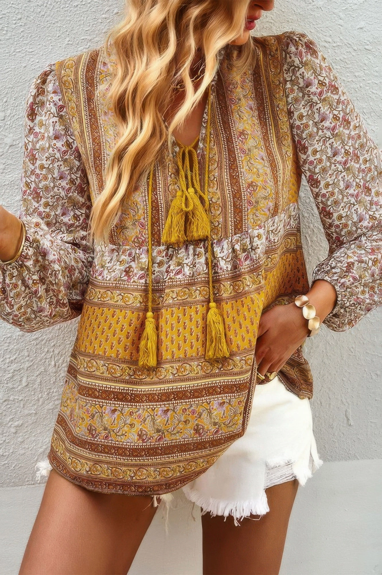 FASHNZFAB Tie Neck Boho Floral Tunics Long Sleeve Shirt