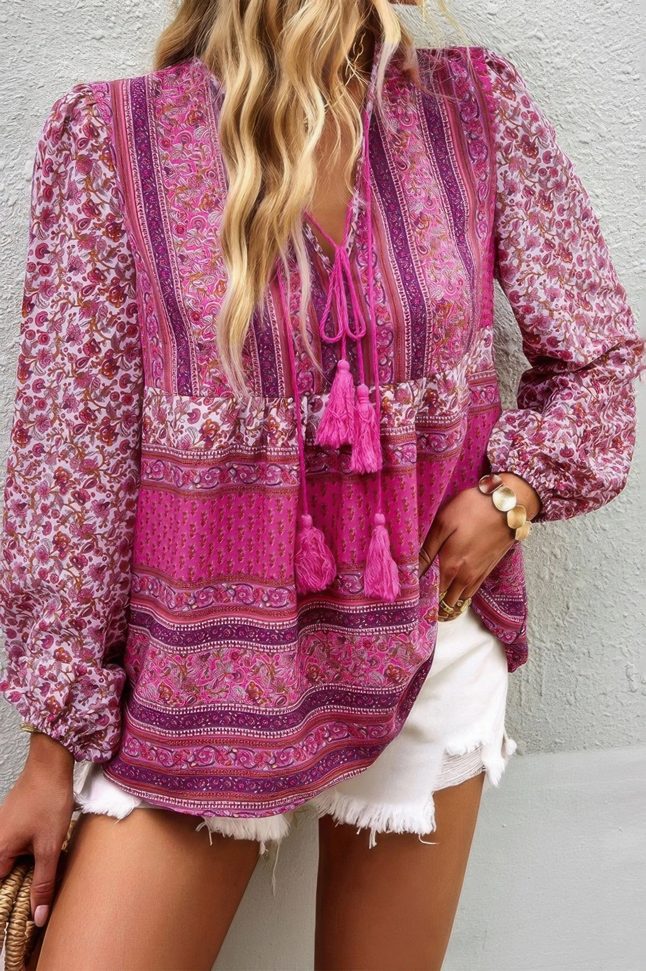 FASHNZFAB Tie Neck Boho Floral Tunics Long Sleeve Shirt