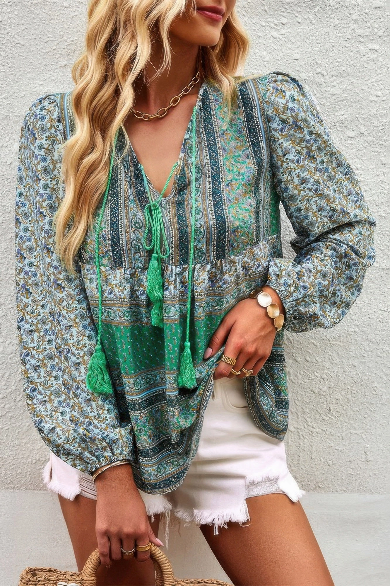 FASHNZFAB Tie Neck Boho Floral Tunics Long Sleeve Shirt