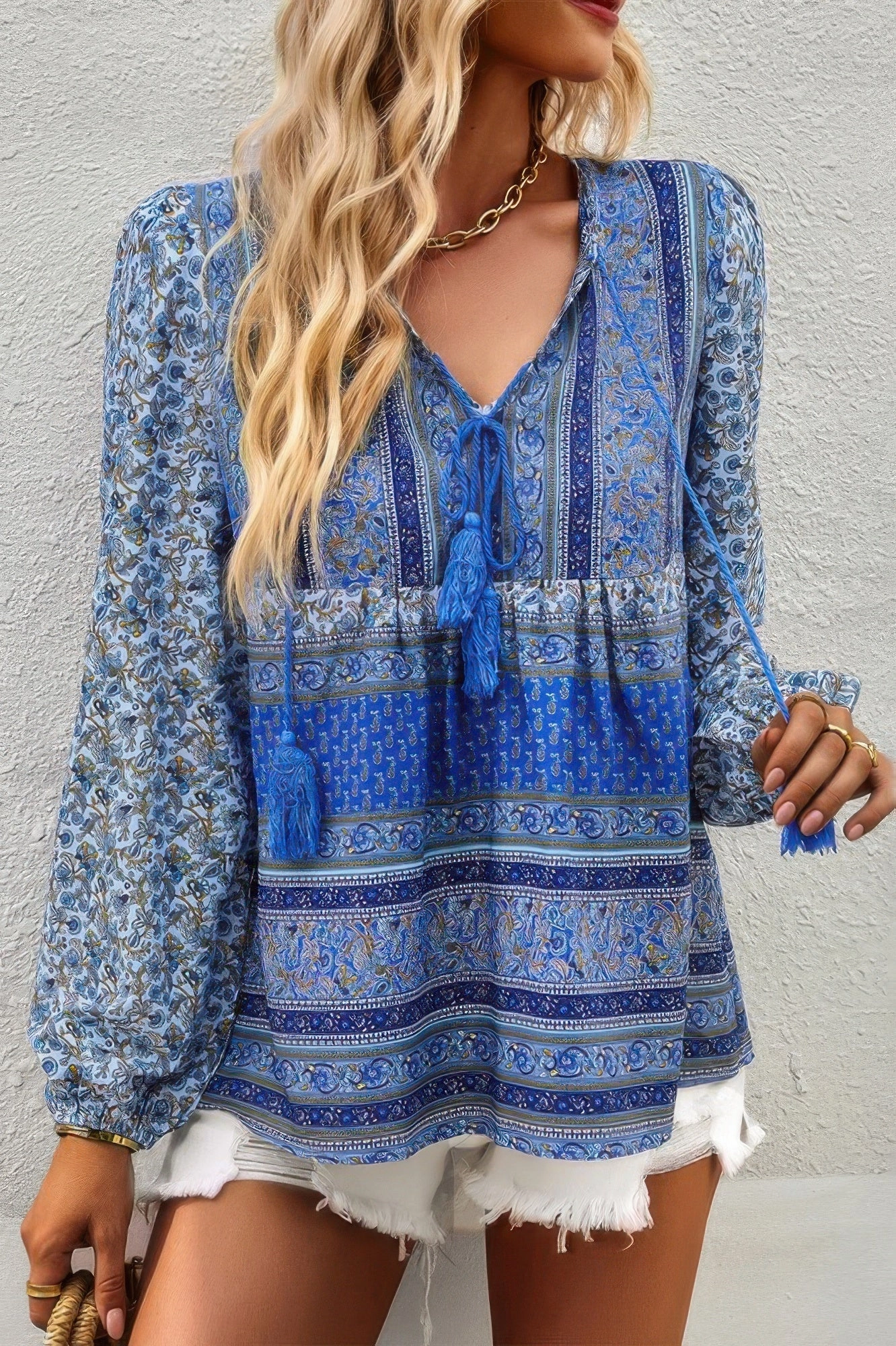 FASHNZFAB Tie Neck Boho Floral Tunics Long Sleeve Shirt
