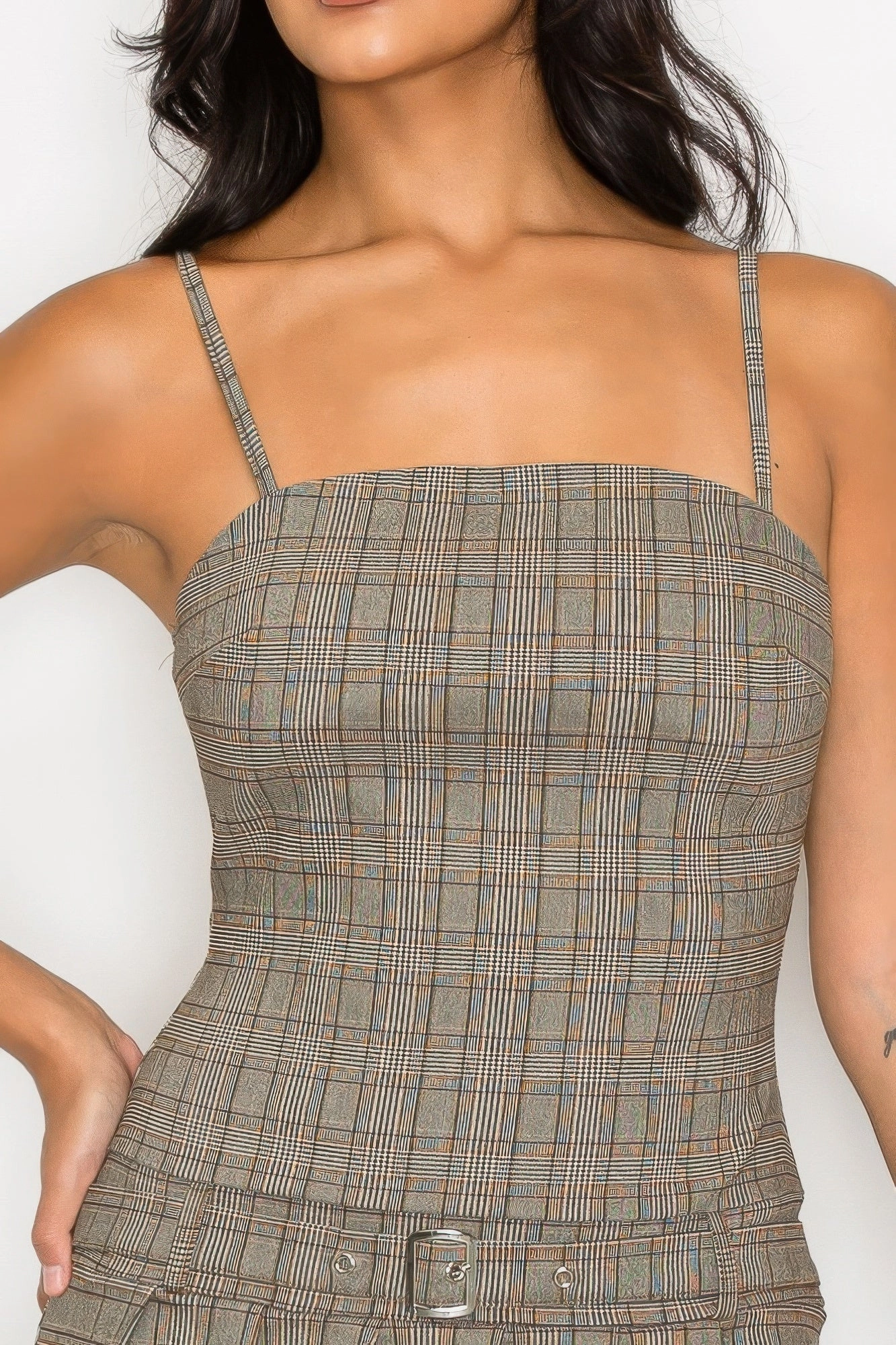 FASHNZFAB Women's Belted Plaid Zip-up Pleated Dress