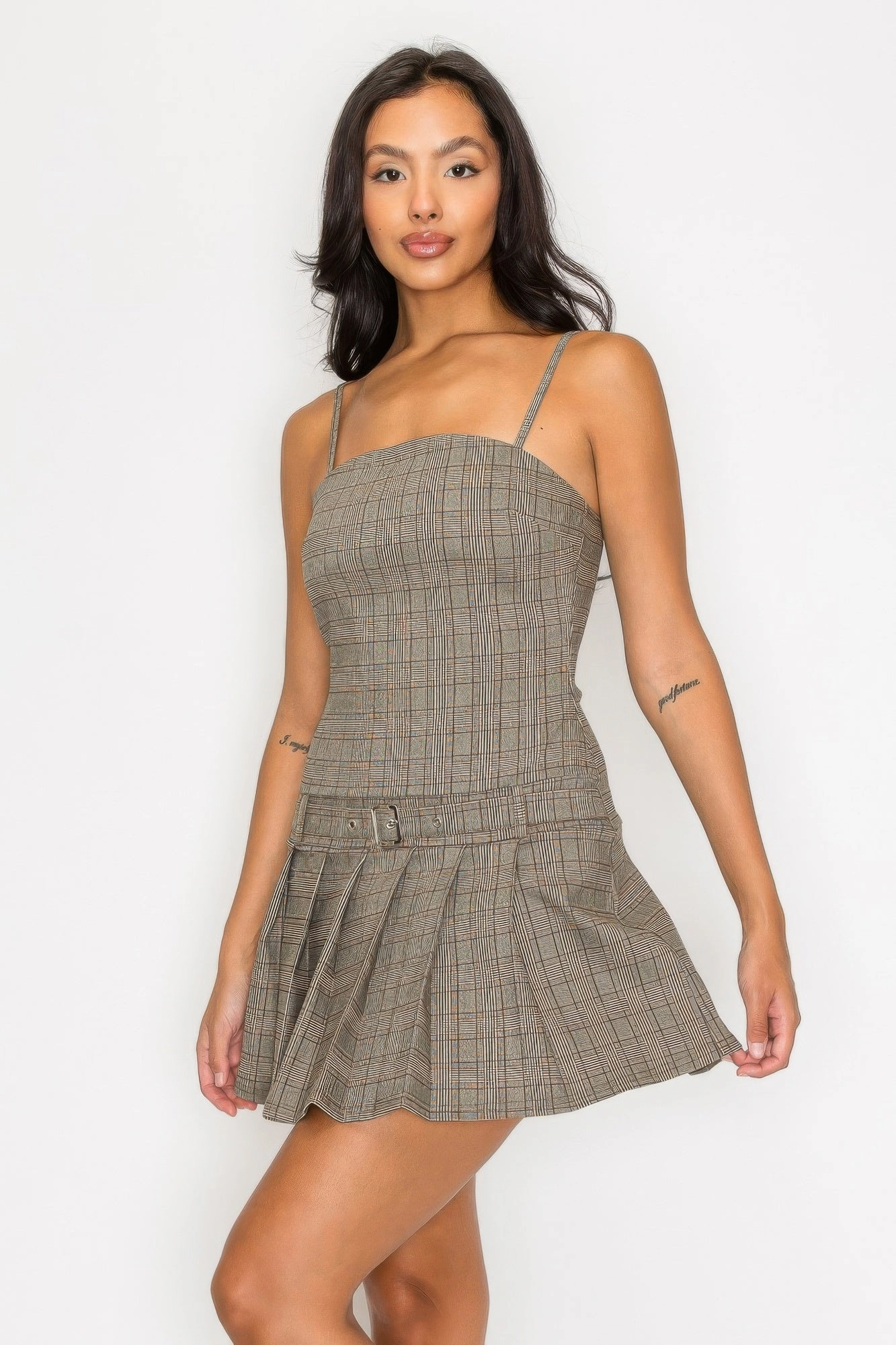 FASHNZFAB Women's Belted Plaid Zip-up Pleated Dress