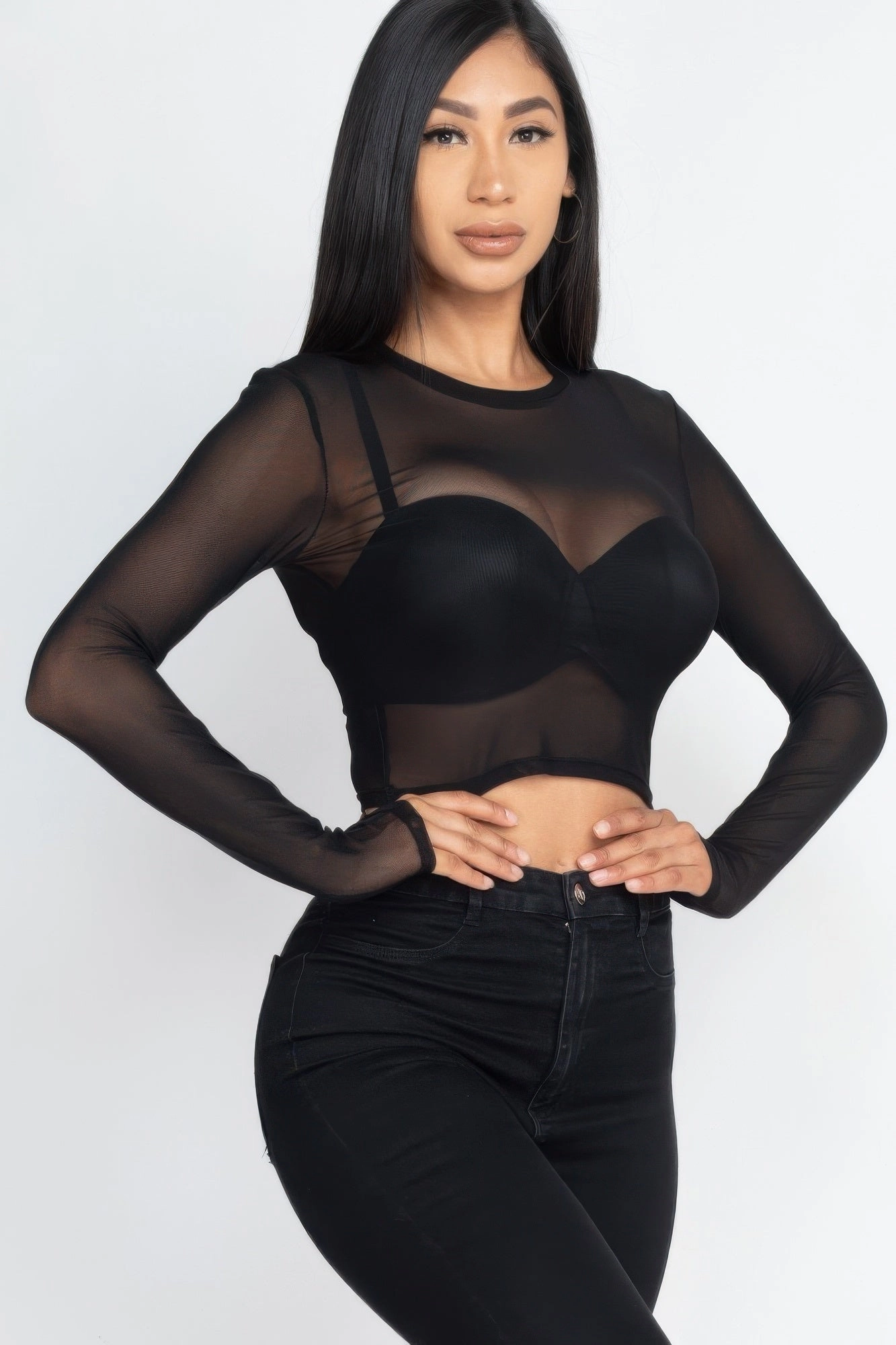 FASHNZFAB Women's Sexy Sheer Mesh Long Sleeve Crop Top