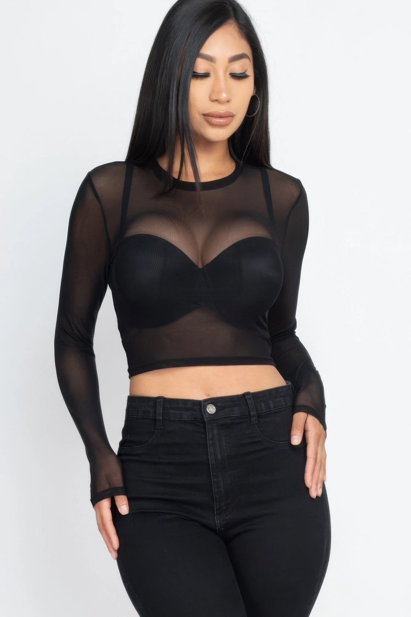 FASHNZFAB Women's Sexy Sheer Mesh Long Sleeve Crop Top