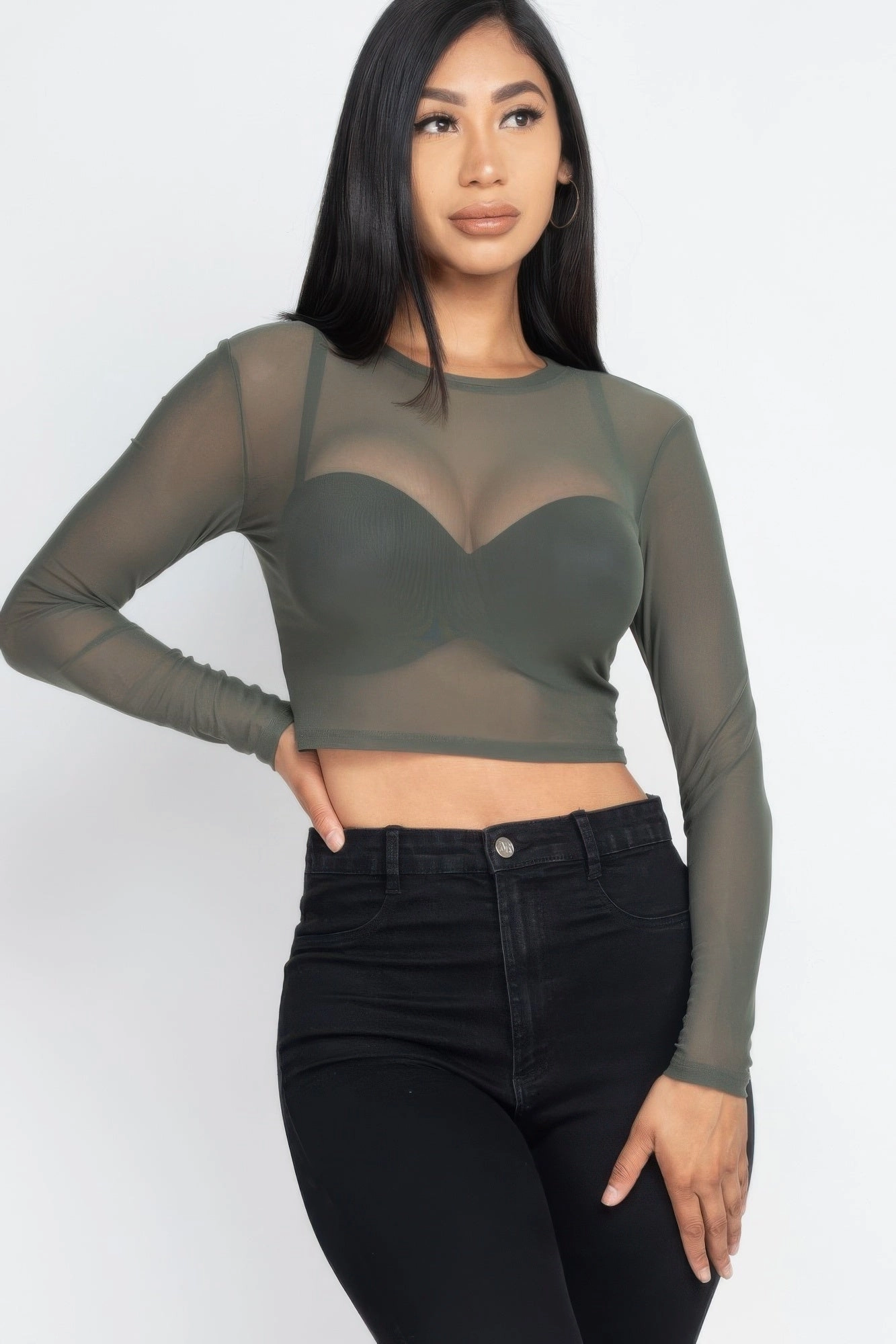 FASHNZFAB Women's Sexy Sheer Mesh Long Sleeve Crop Top