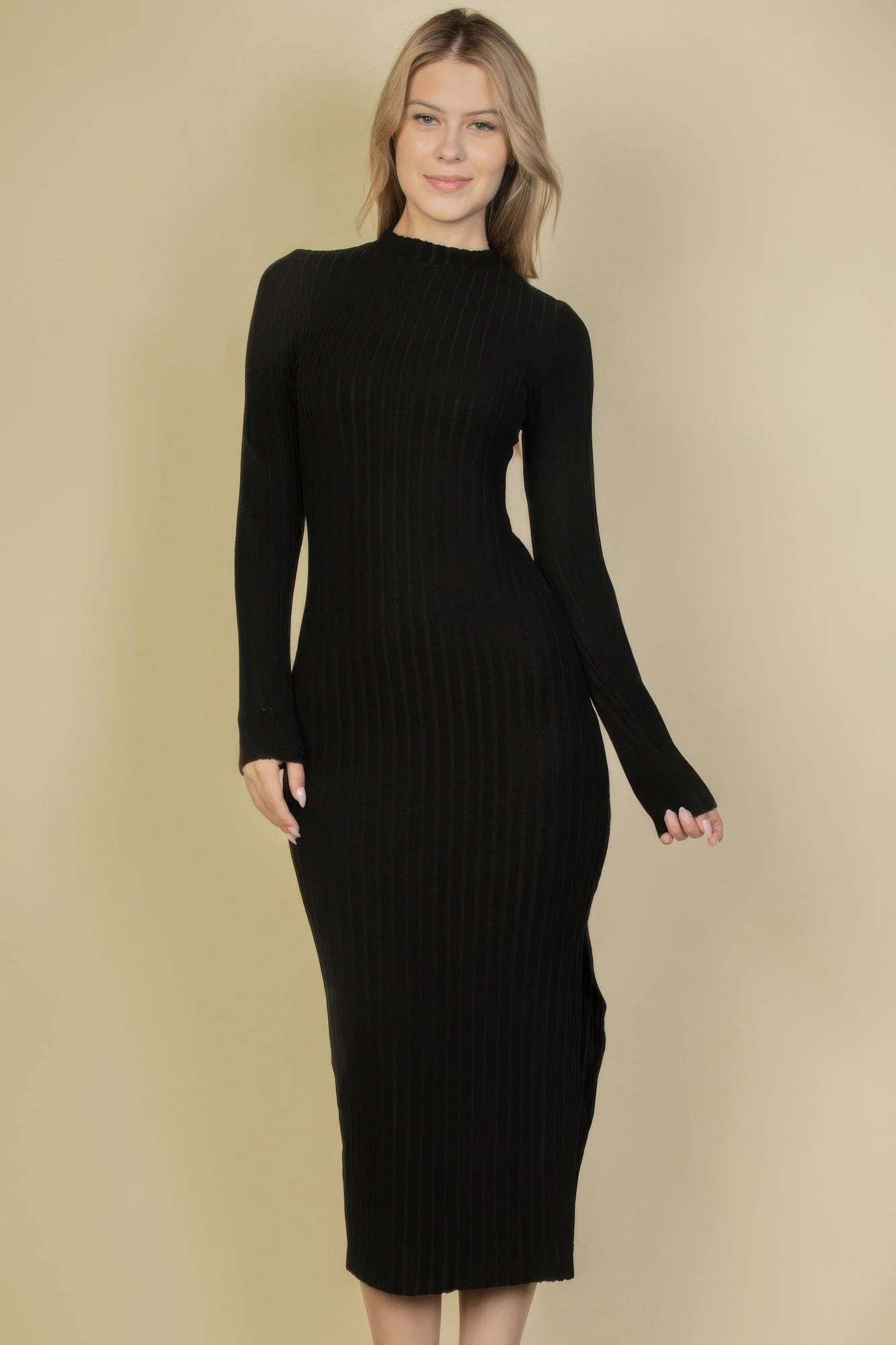FASHNZFAB Women's Sweater-knit Fuzzy Mock Neck Split Thigh Dress
