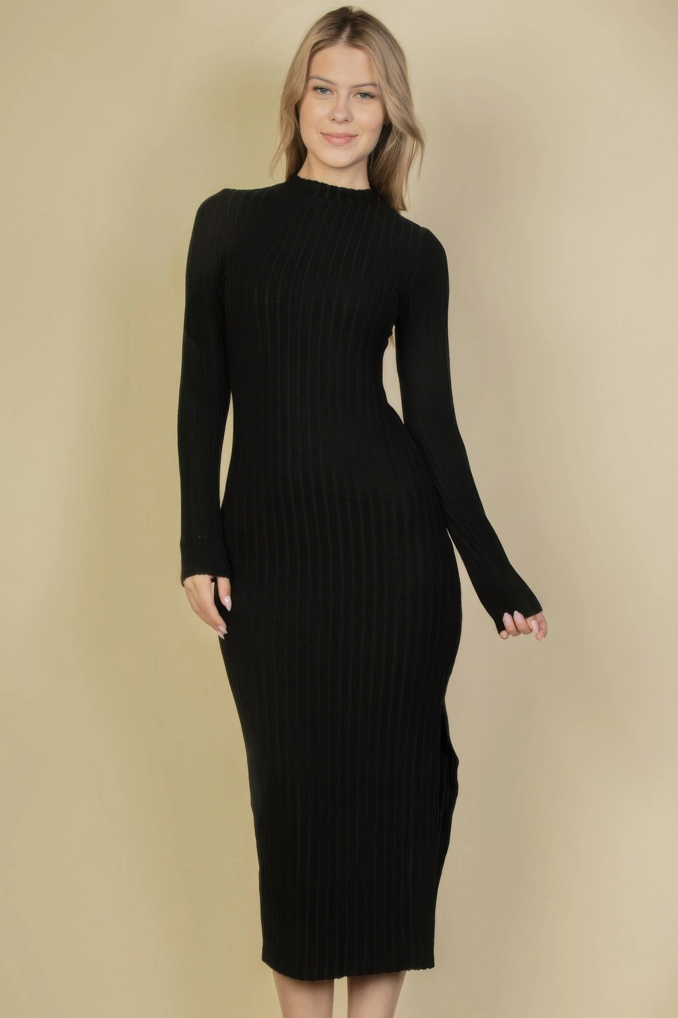 FASHNZFAB Women's Sweater-knit Fuzzy Mock Neck Split Thigh Dress