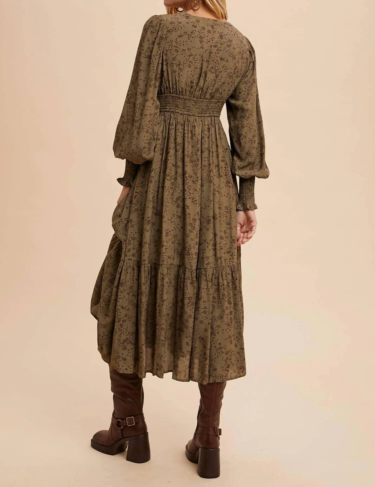 Floral Button Maxi Dress In Olive