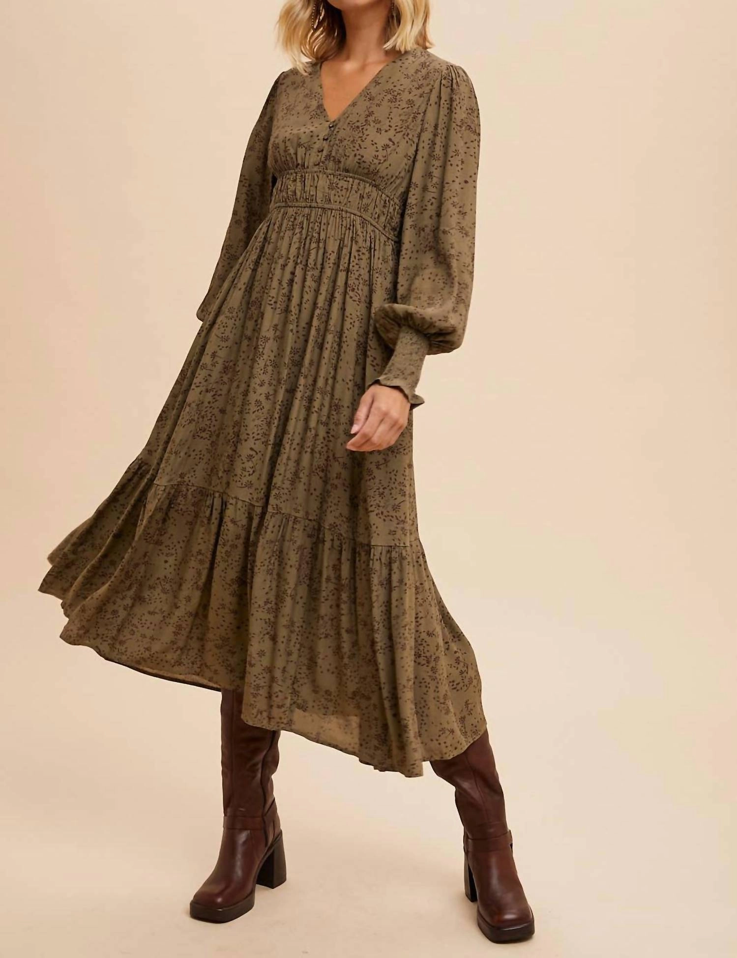 Floral Button Maxi Dress In Olive