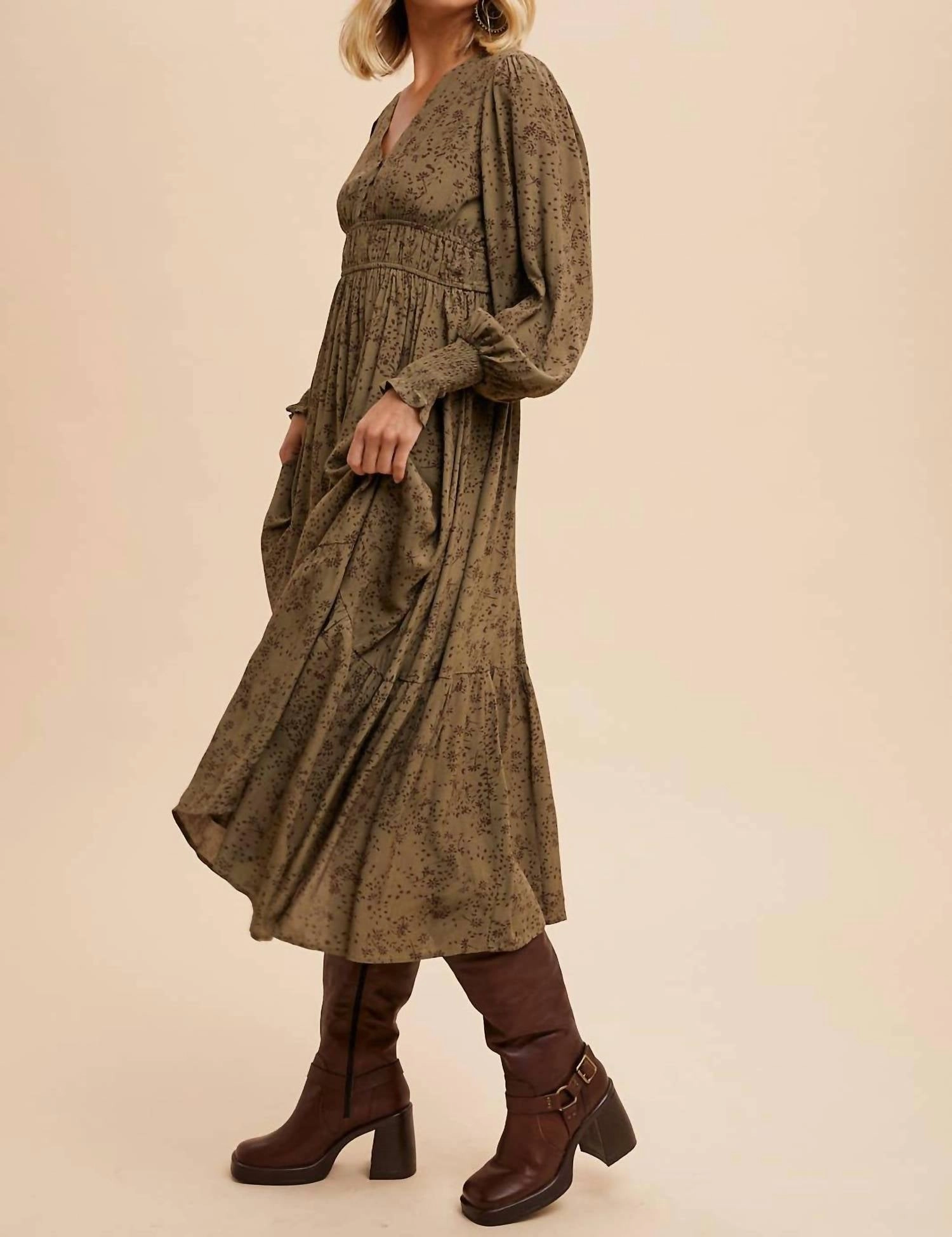 Floral Button Maxi Dress In Olive