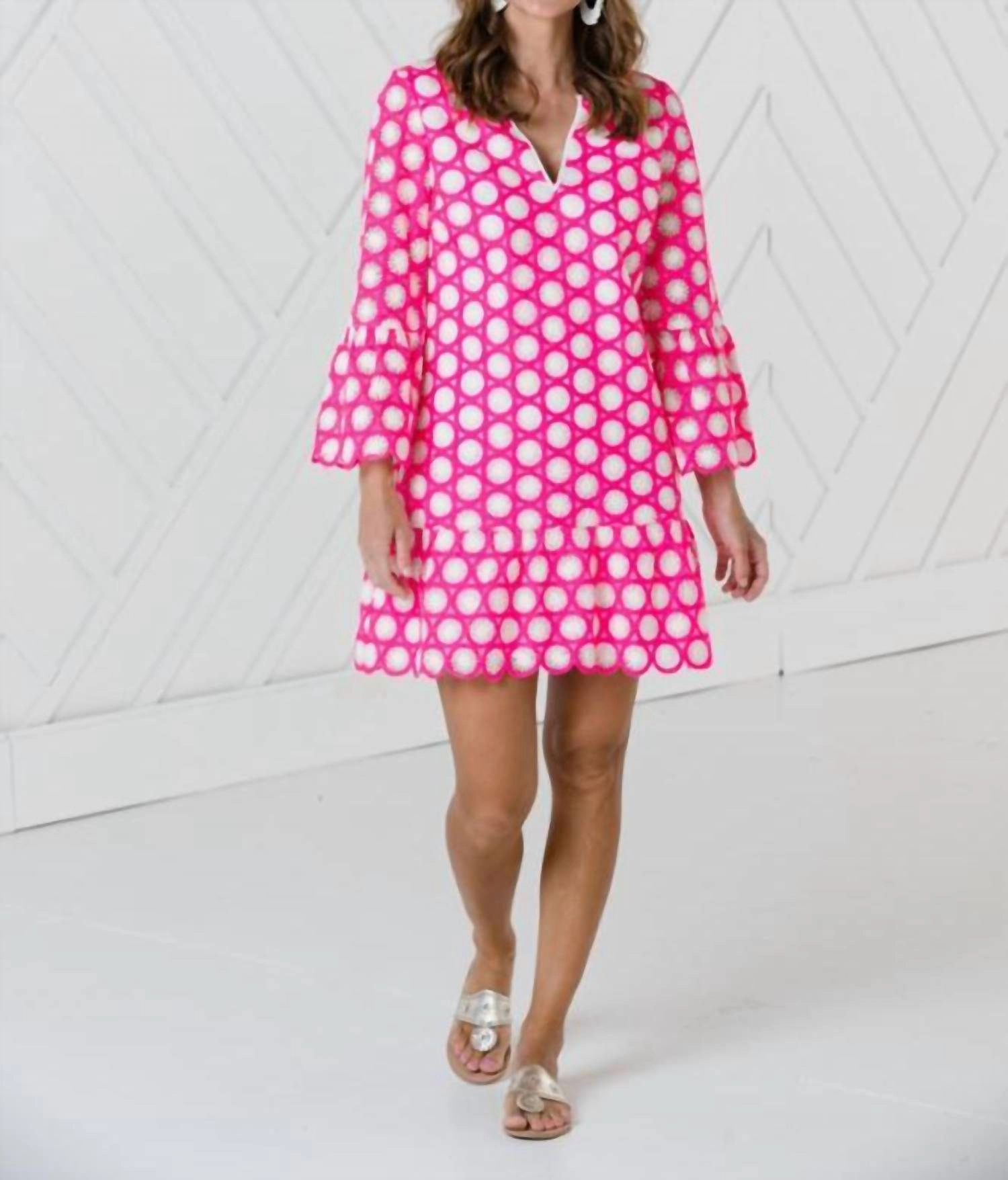 Floral Lace Bell Sleeve Dress In Hibiscus