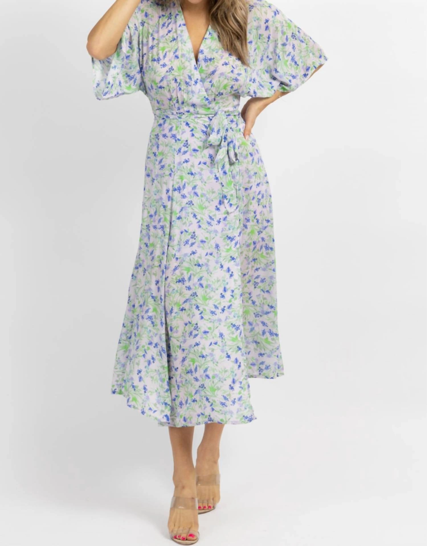Floral Wrapped Midi Dress In Lavender   Blue