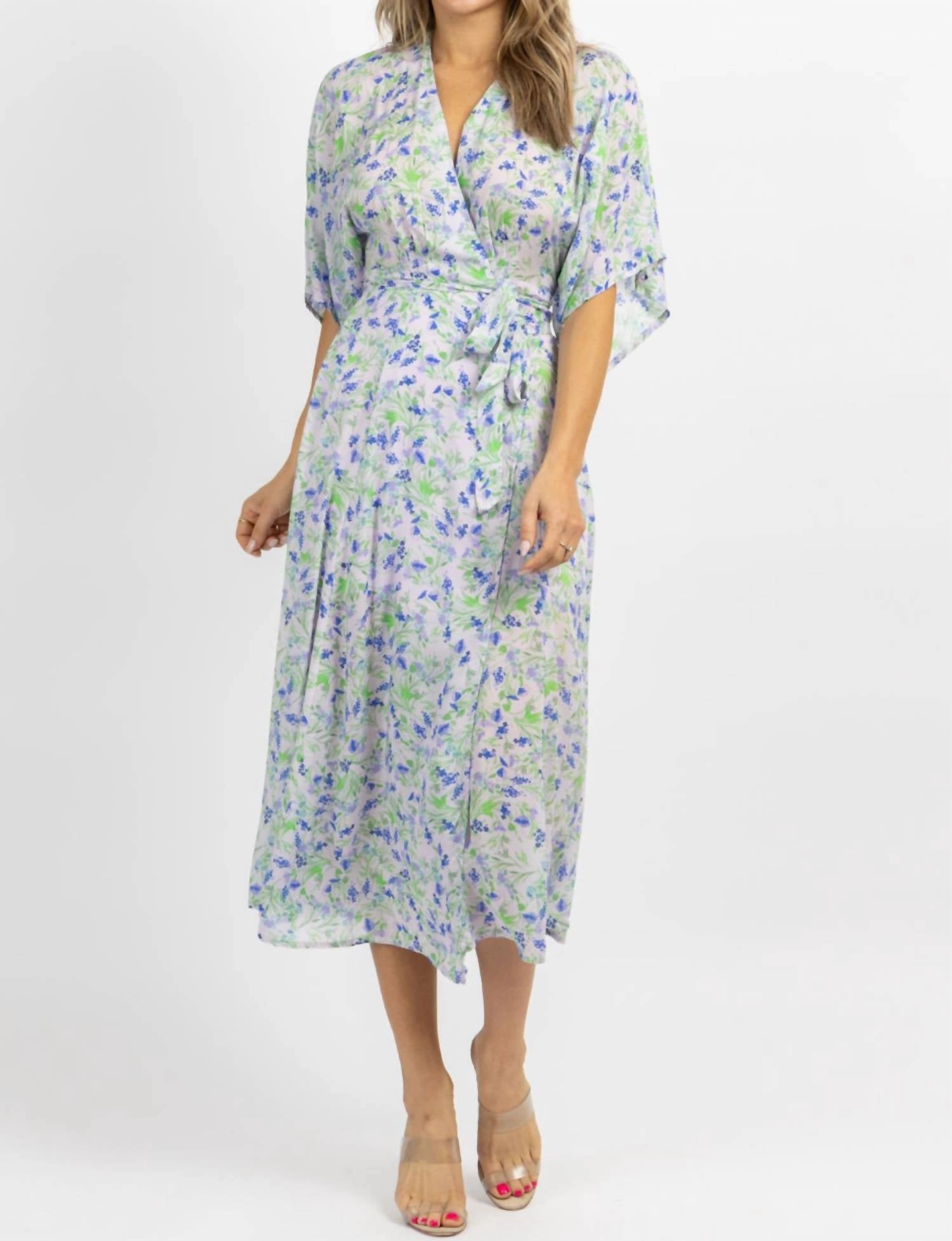 Floral Wrapped Midi Dress In Lavender   Blue