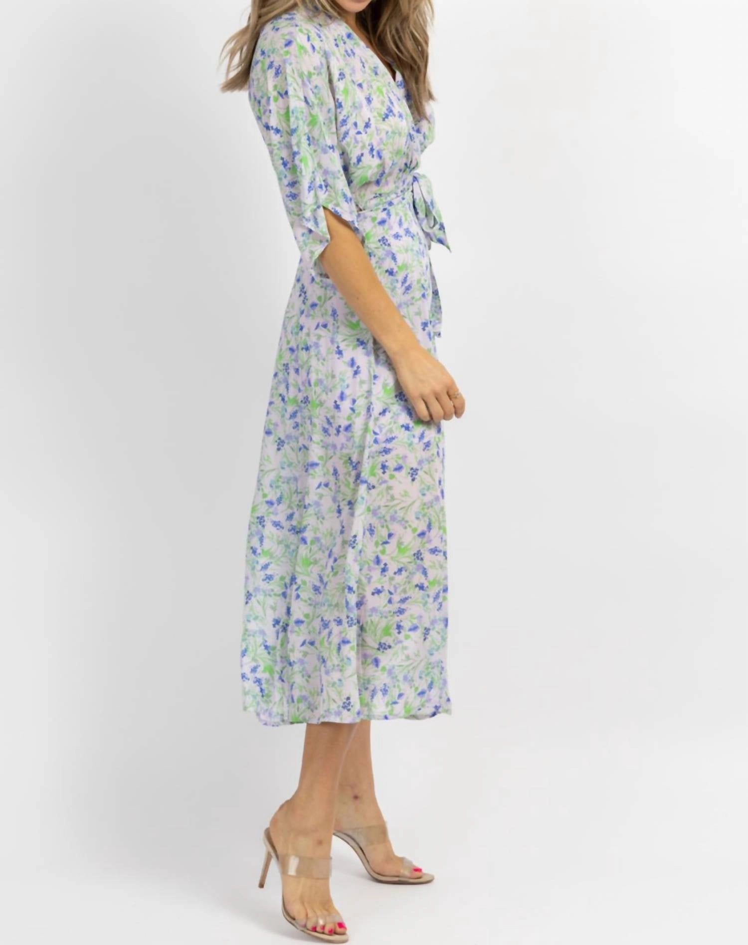 Floral Wrapped Midi Dress In Lavender   Blue