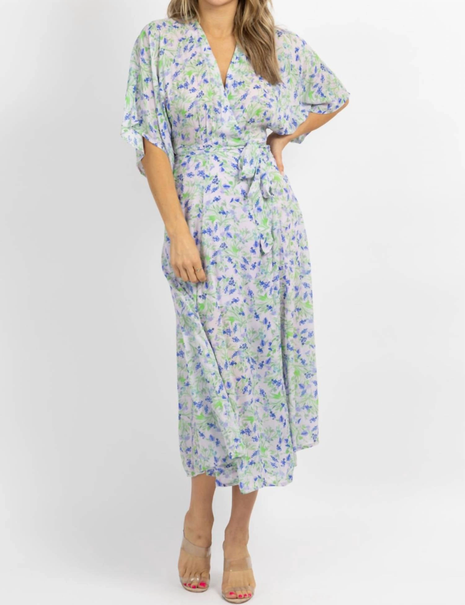Floral Wrapped Midi Dress In Lavender   Blue