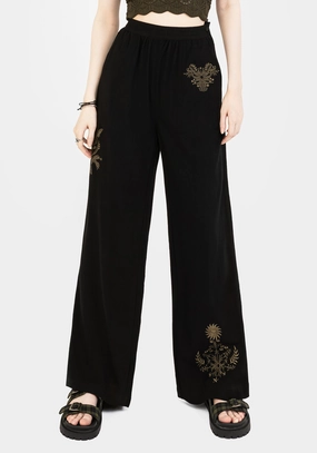 Foliate Linen-Blend Embroidered Wide Leg Trousers - Black Bottoms Womens - women's jeans sale