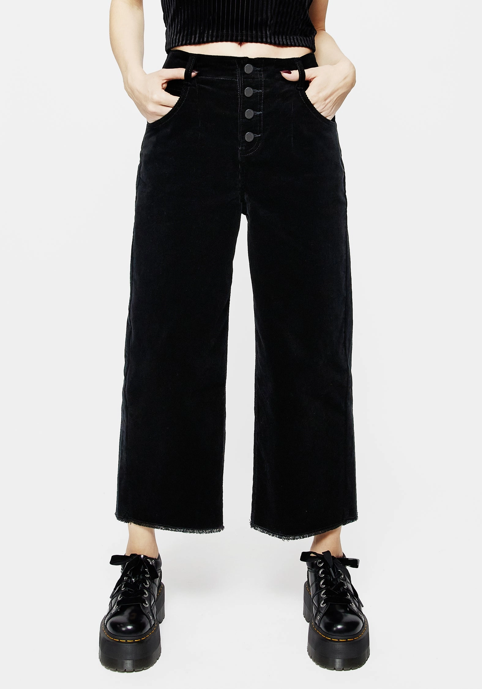 Foster Wide Leg Cord Crop Jeans - Black Bottoms Womens - women's jeans sale