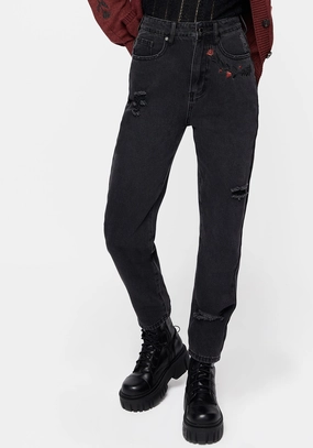 Foxfire Embroidered Distressed Mom Jeans Bottoms Womens - women's jeans sale