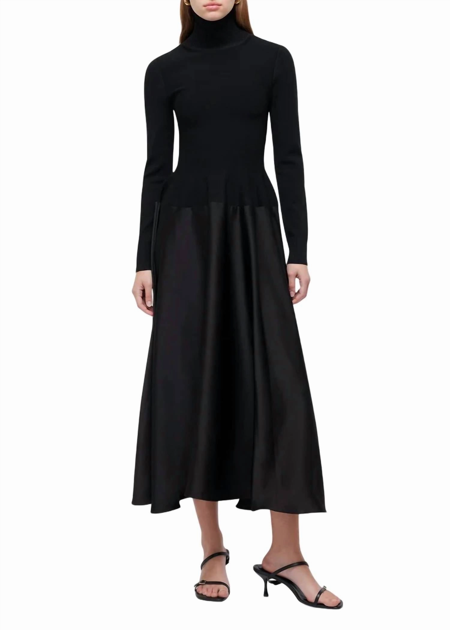 Frances Long Sleeve Satin Combo Dress In Black