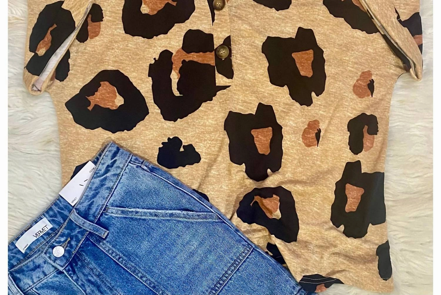 French Beige Henley Top In Leopard