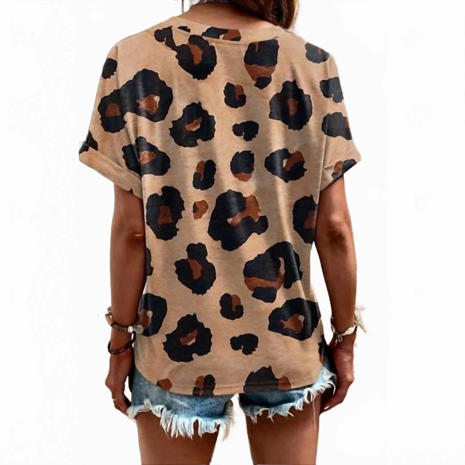 French Beige Henley Top In Leopard